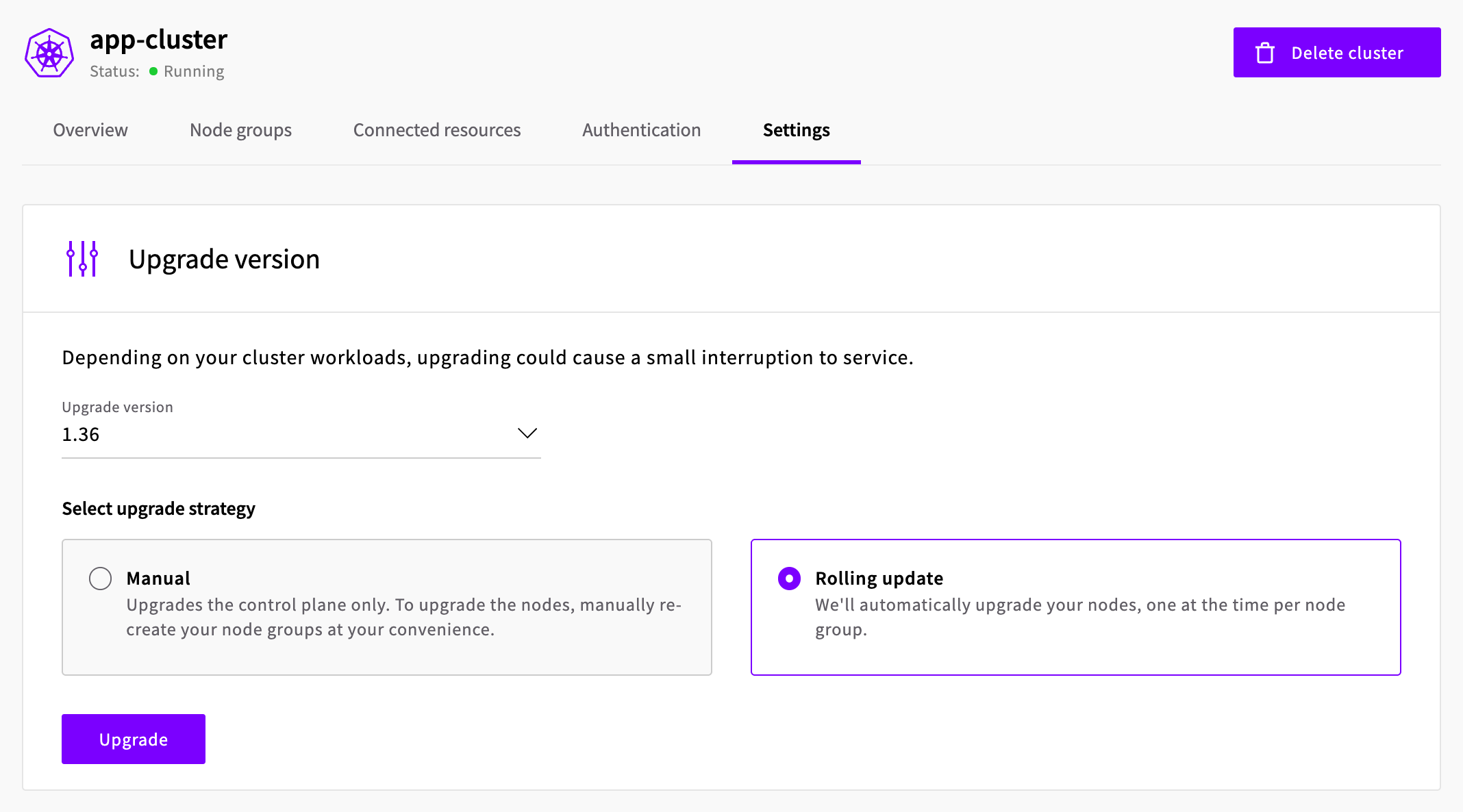Upgrade version settings with Rolling update selected