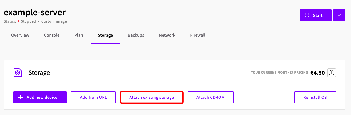 Attaching the new MaxIOPS storage to the server in the Storage tab