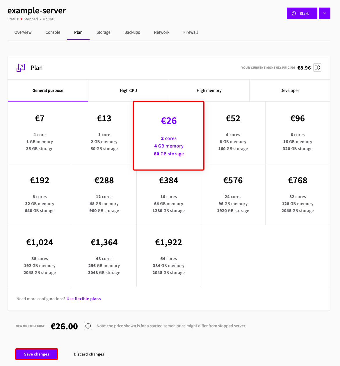 Changing the server plan to a higher-tier in the Plan tab and saving the changes