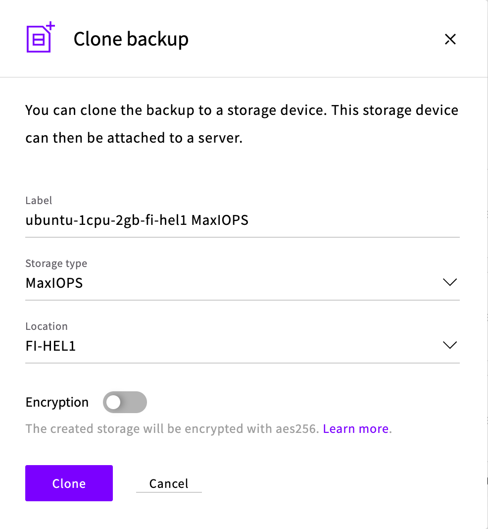 The Clone backup dialog with MaxIOPS selected as the storage type