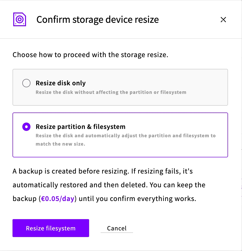 The Confirm storage device resize dialog with Resize partition and filesystem selected