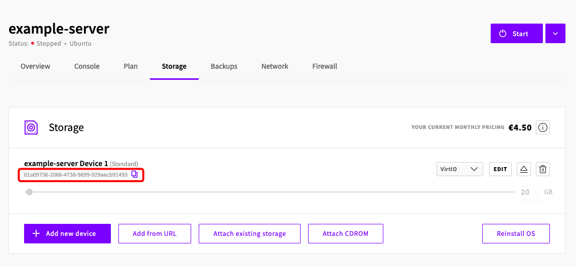 Copying the storage UUID from the server's Storage tab in the UpCloud control panel