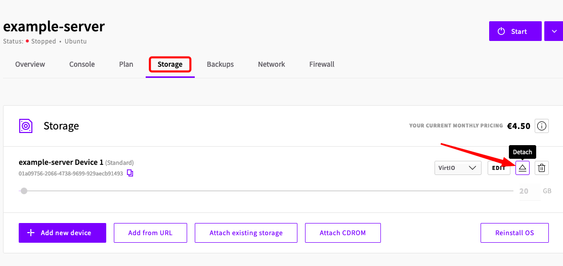 Detaching the Standard tier storage from the server in the Storage tab