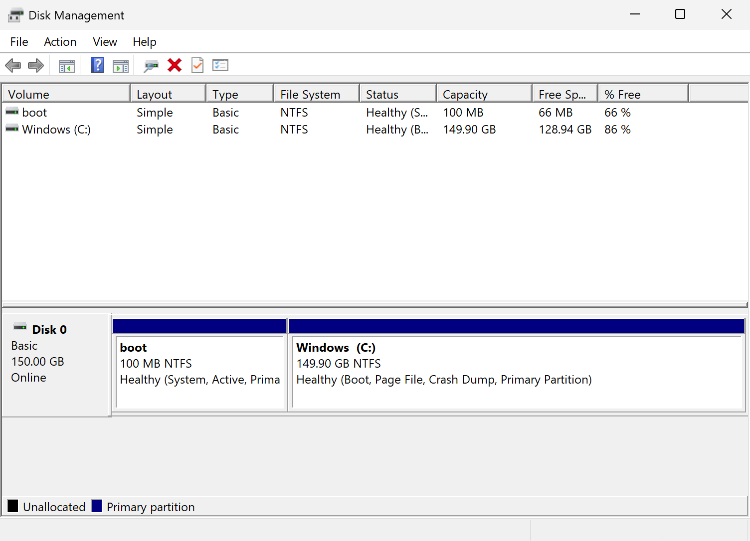Disk Management showing the Windows (C:) volume using the whole 150 GB disk