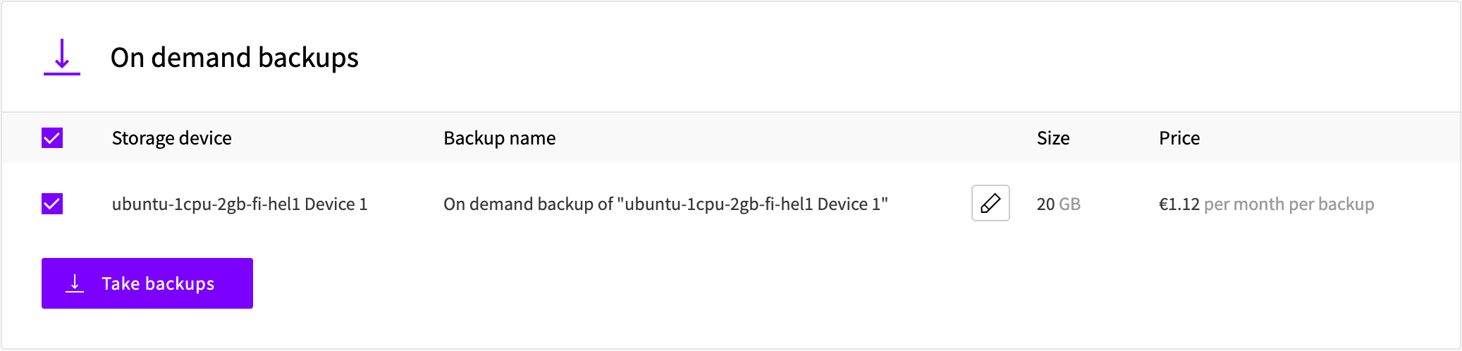 The On demand backups section of the Backups tab with the storage device selected