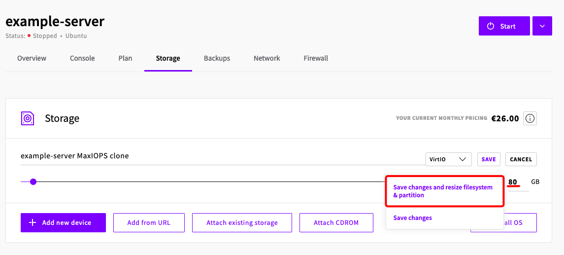 Resizing the storage and filesystem partition in the Edit storage dialog
