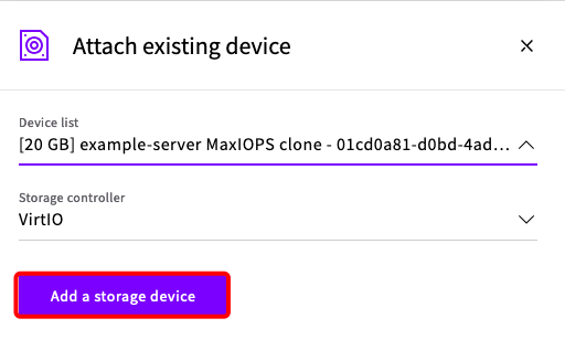 Selecting the newly created MaxIOPS storage in the Add storage device dialog