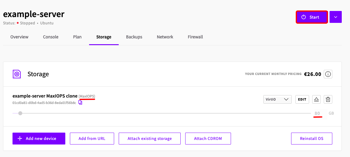 Starting the server after the storage has been resized, from the server's Overview tab