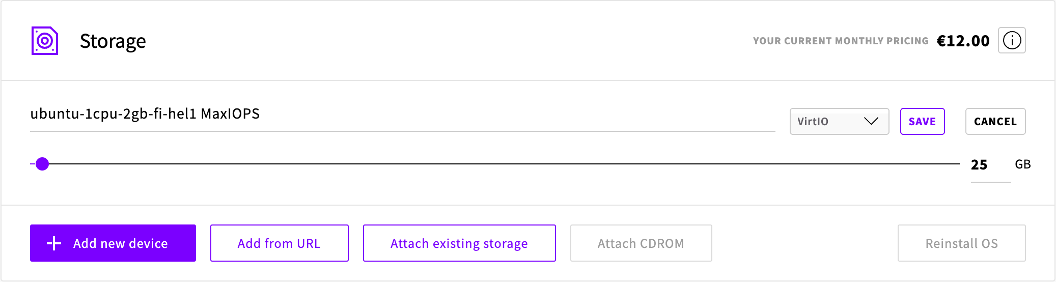 Editing the size of the storage device in the Storage tab