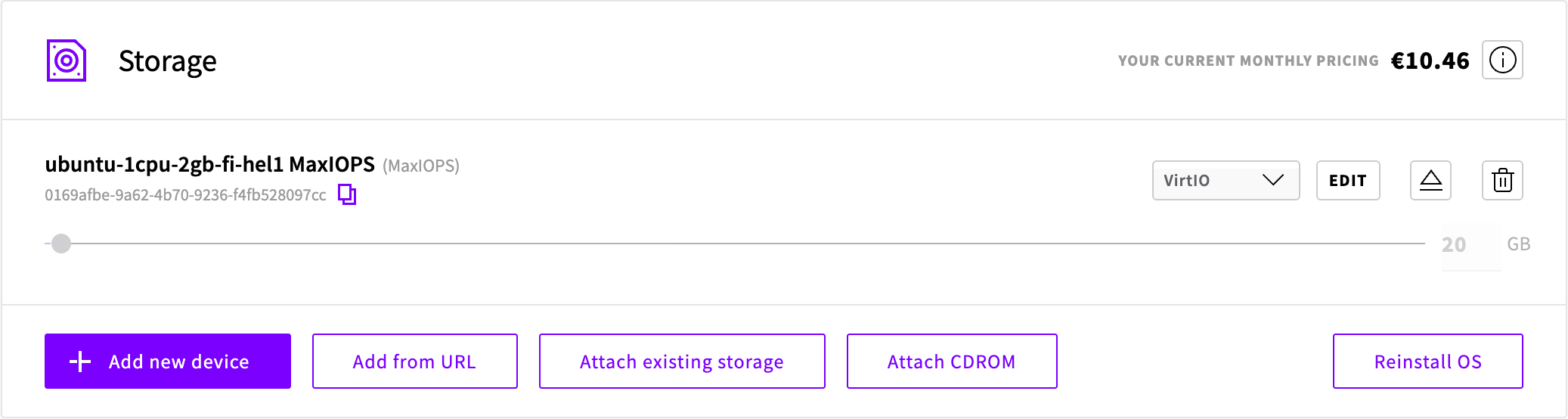 The Storage tab showing the attached MaxIOPS storage device