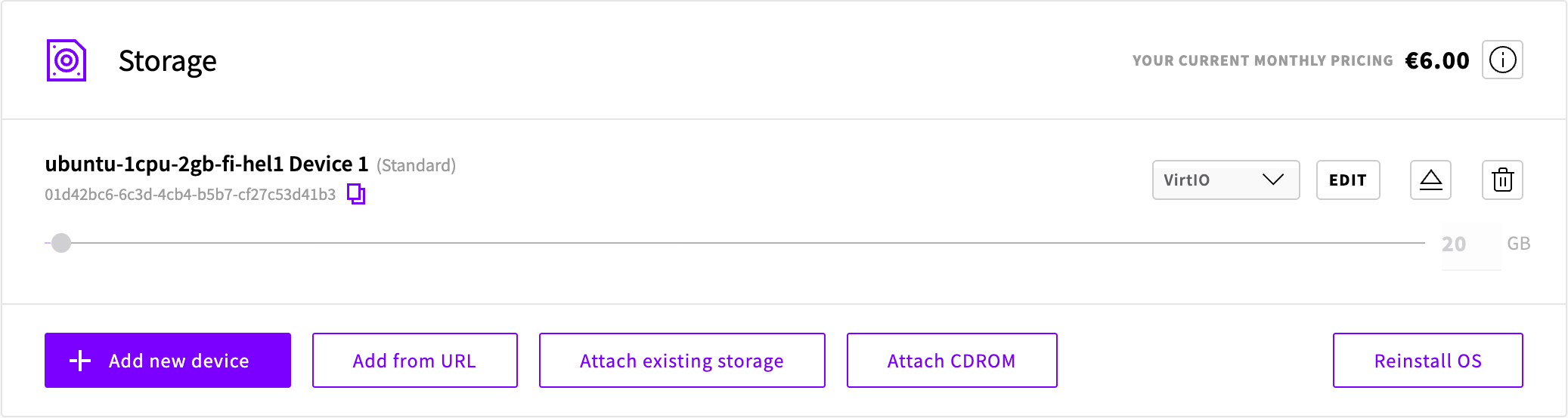 The Storage tab showing the Standard tier storage device
