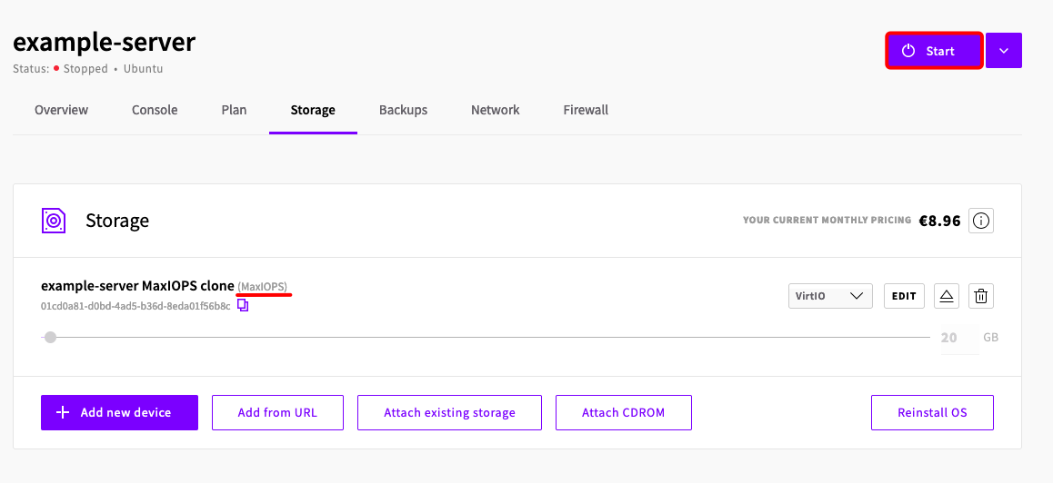 Verifying the attached MaxIOPS storage and starting the server from the Storage tab