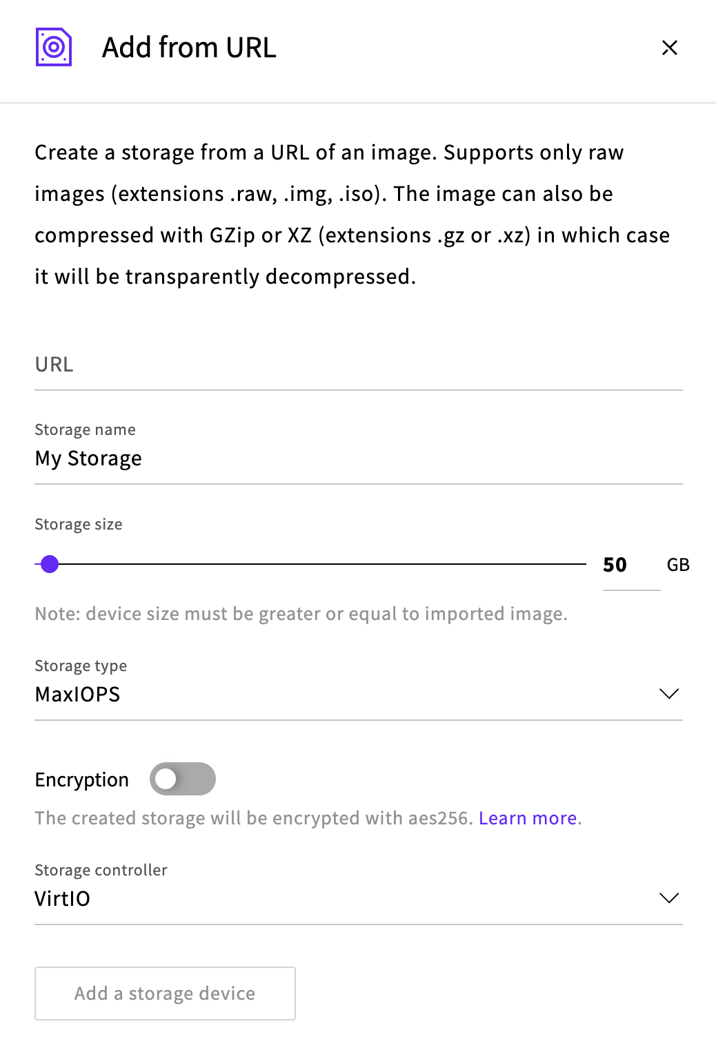Storage import dialog on the control panel