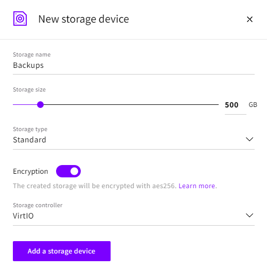New storage device creation modal