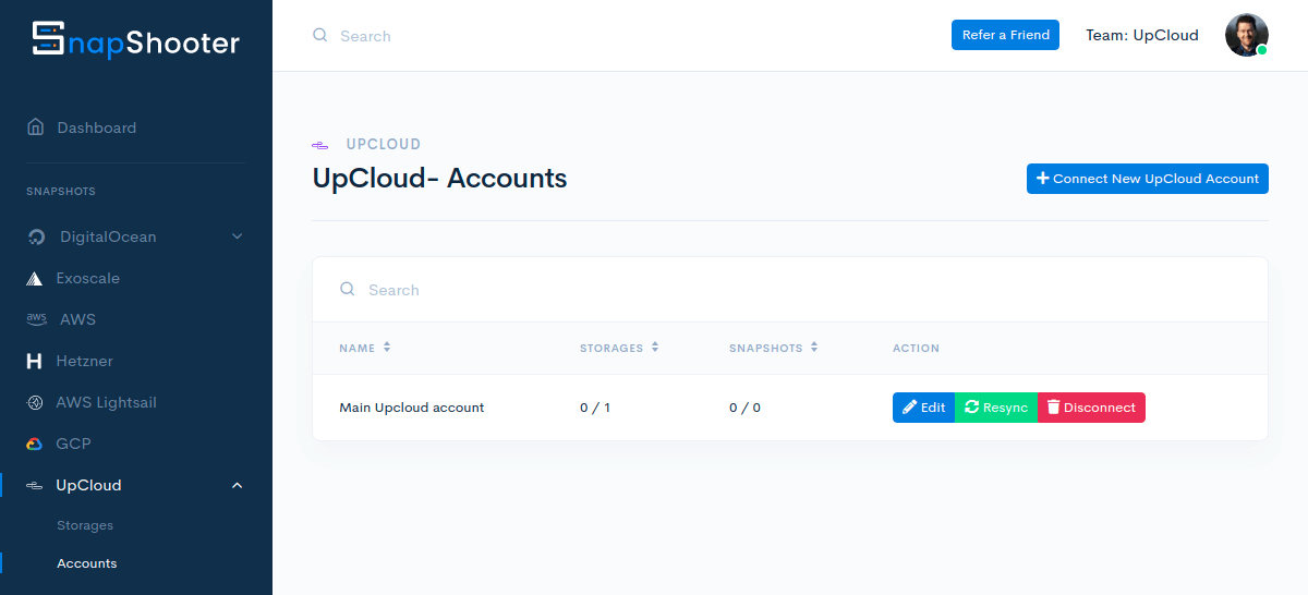 UpCloud account connected on SnapShooter