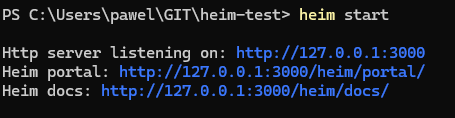 Screenshot from console, confirming that the Heim server is up and running locally.