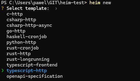 Selection of programming languages in Heim.