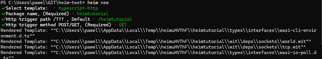 Console showing the template creating process.