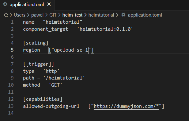 Screenshot showing the additional configuration in application TOML file.