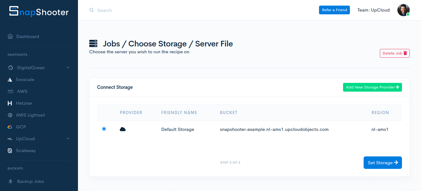 Selecting external storage for backup job on SnapShooter