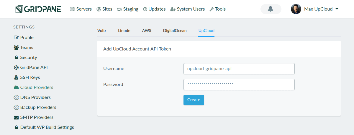 Adding UpCloud API credentials to GridPane