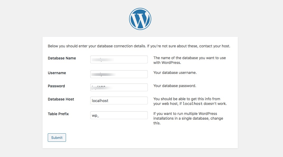 WordPress database settings