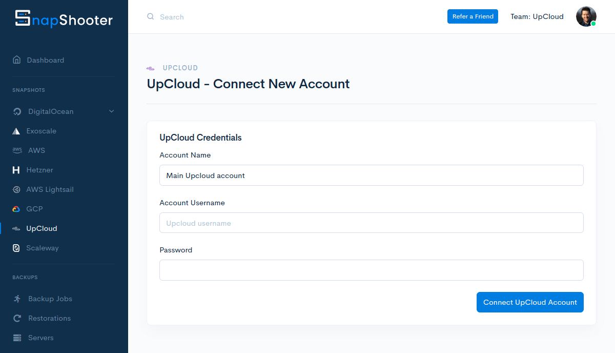 Connecting UpCloud account on SnapShooter