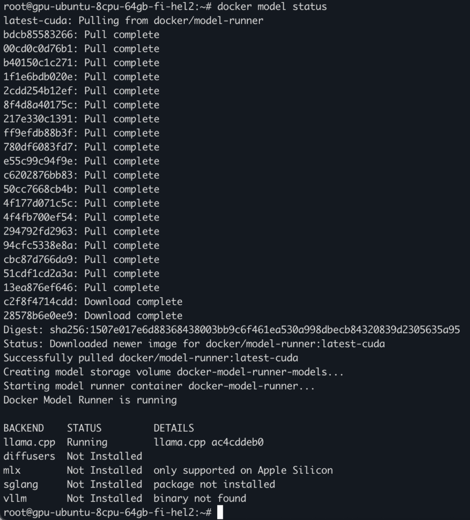 7 docker model status - Run LLM locally using UpCloud’s GPU server and Docker Model Runner