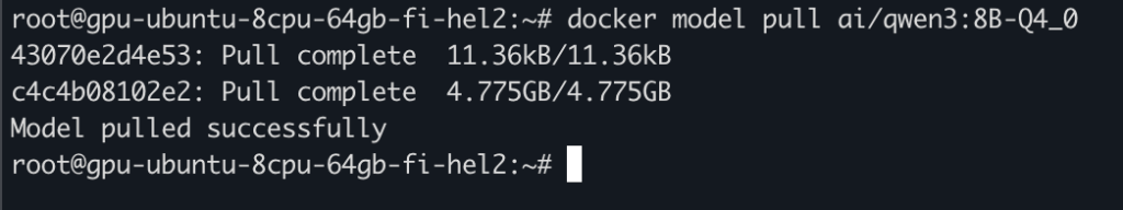8 docker model pull - Run LLM locally using UpCloud’s GPU server and Docker Model Runner