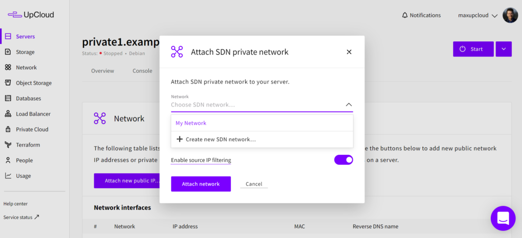 Attach SDN private network to your server