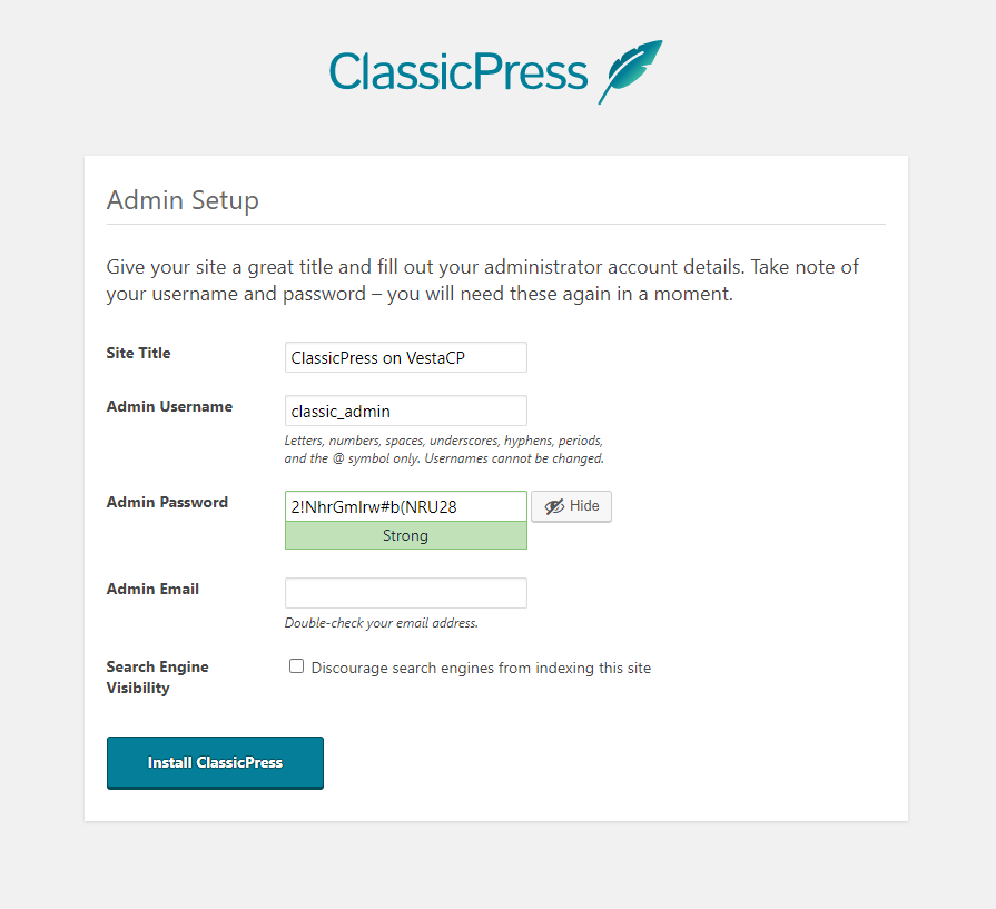 ClassicPress admin setup