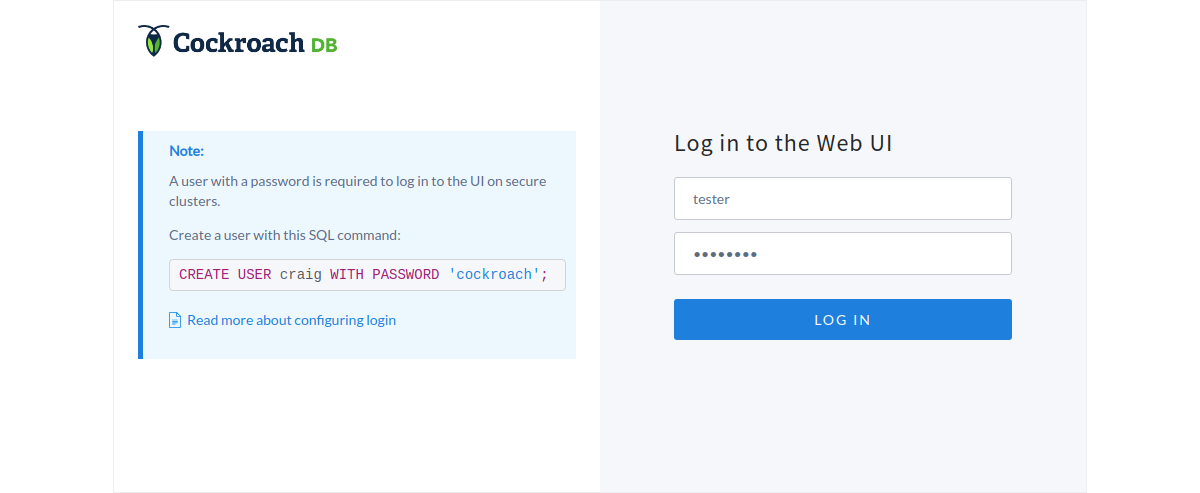 Logging into the CockroachDB web UI