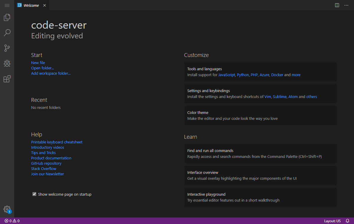 code-server IDE welcome page