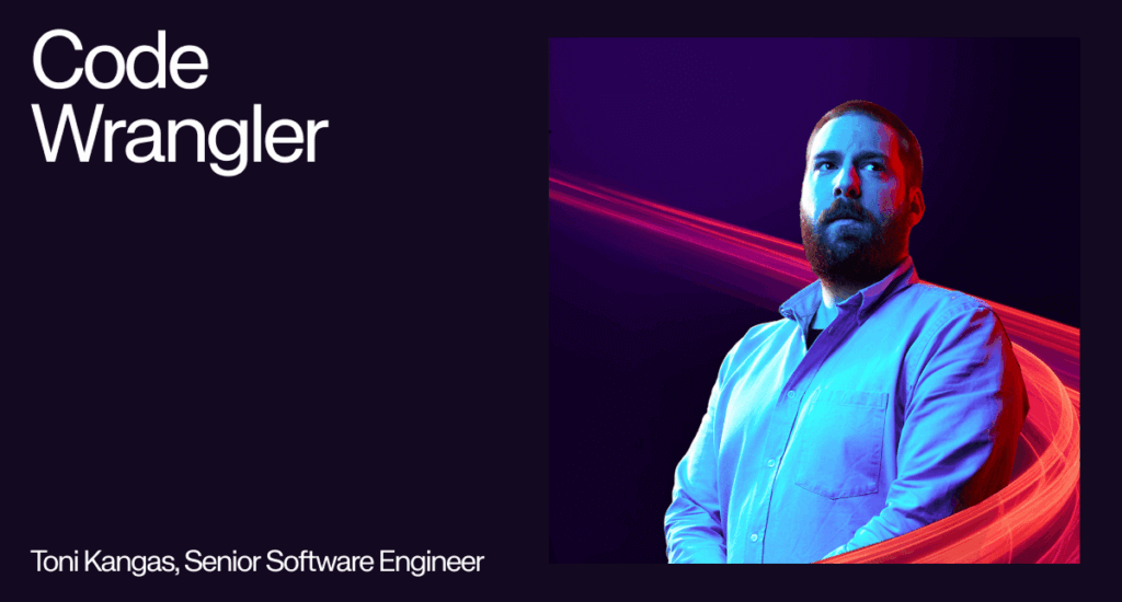 Toni Kangas, Senior Software Engineer at UpCloud, with text 'Code Wrangler'.