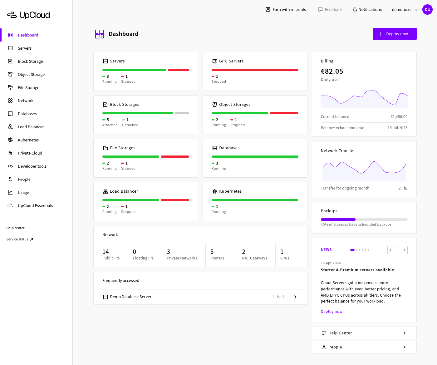 control panel demo example full - UpCloud - Global Cloud Platform