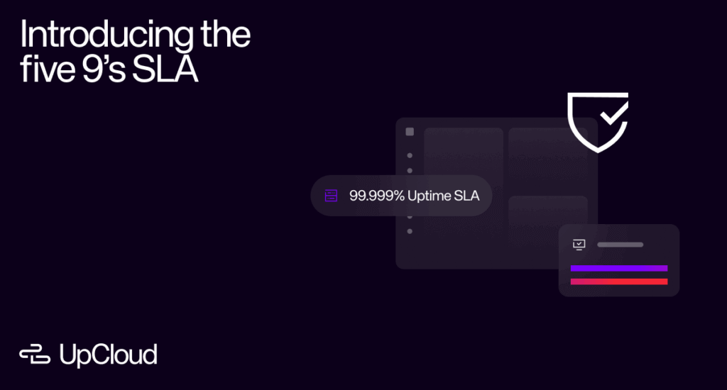 UI elements with a shield icon and text saying "99.999% Uptime SLA".