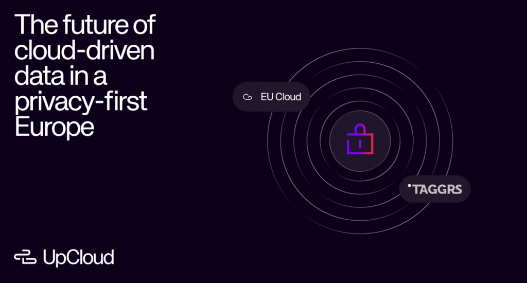 UpCloud logo with a lock icon, representing the future of cloud-driven data in privacy-first Europe with EU Cloud and TAGGRS.