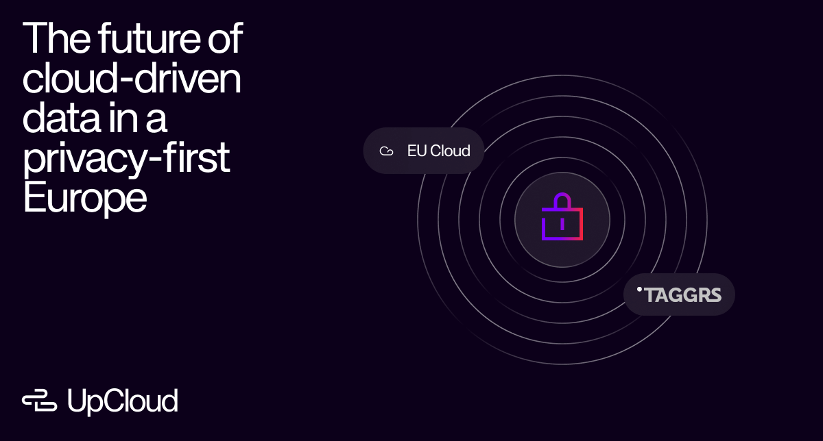 UpCloud logo with a lock icon, representing the future of cloud-driven data in privacy-first Europe with EU Cloud and TAGGRS.