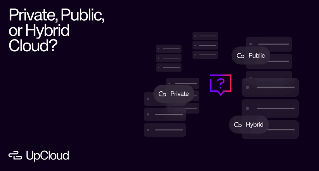 Question mark icon surrounded by visualizations of server stacks, representing the differences of private, public, and hybrid cloud.
