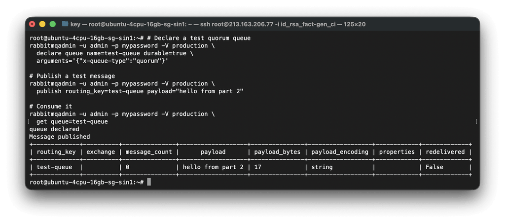 RabbitMQ quorum queue publishing and consuming a test message
