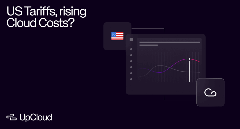 US flag icon and graphs, illustrating the impact of US tariffs on cloud costs.