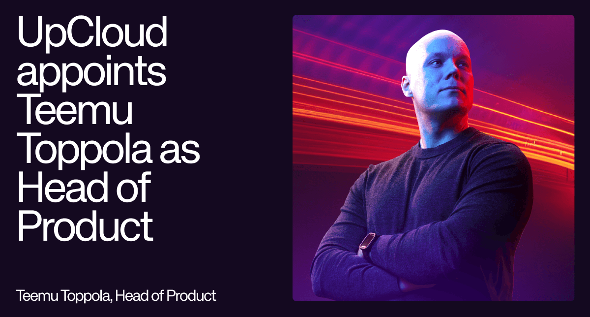 Portrait of Teemu Toppola, newly appointed Head of Product at UpCloud, with his arms crossed against an abstract background of data light trails.