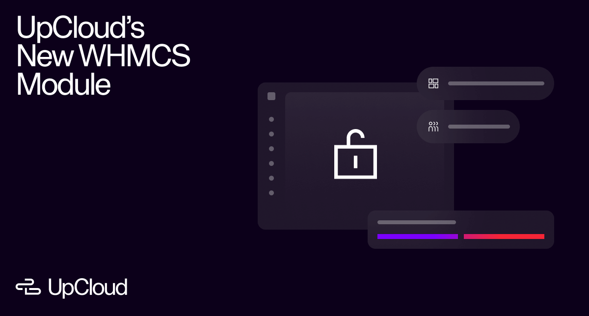 UpCloud's new WHMCS Module represented by visuals of dashboard elements and a lock icon.