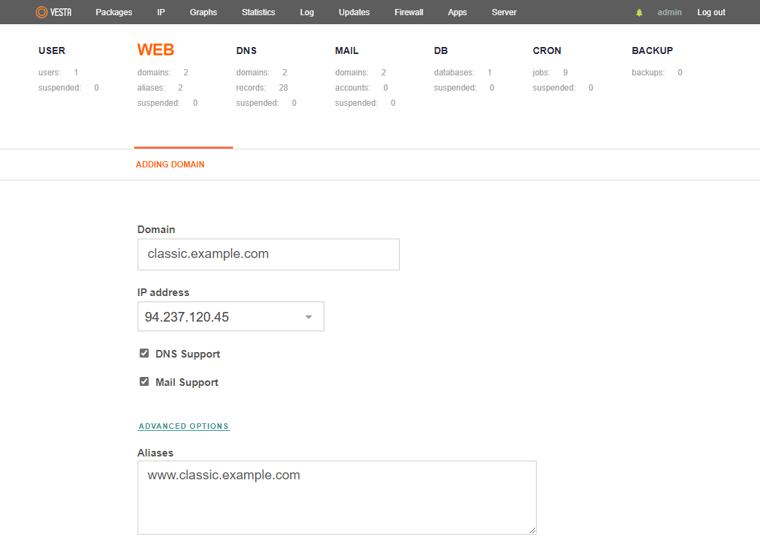 VestaCP configure domain
