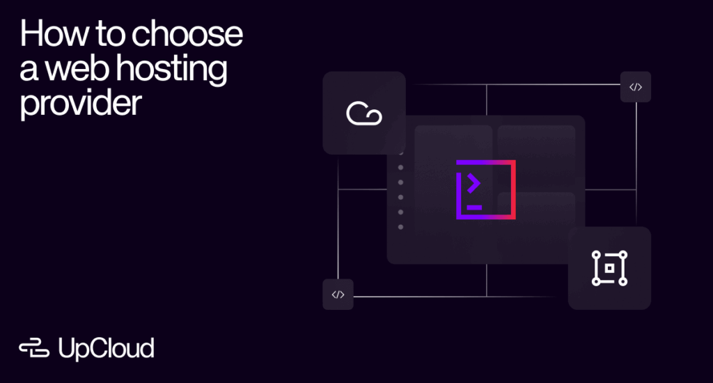 UpCloud blog post cover image with various icons representing web hosting features.