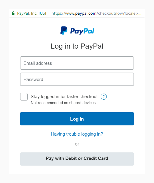 PayPal login window