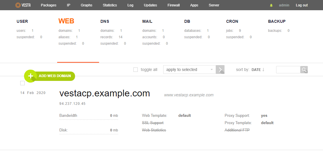 VestaCP add domain