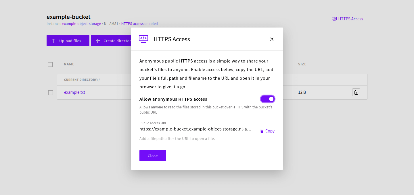 HTTPS Access settings to Object Storage