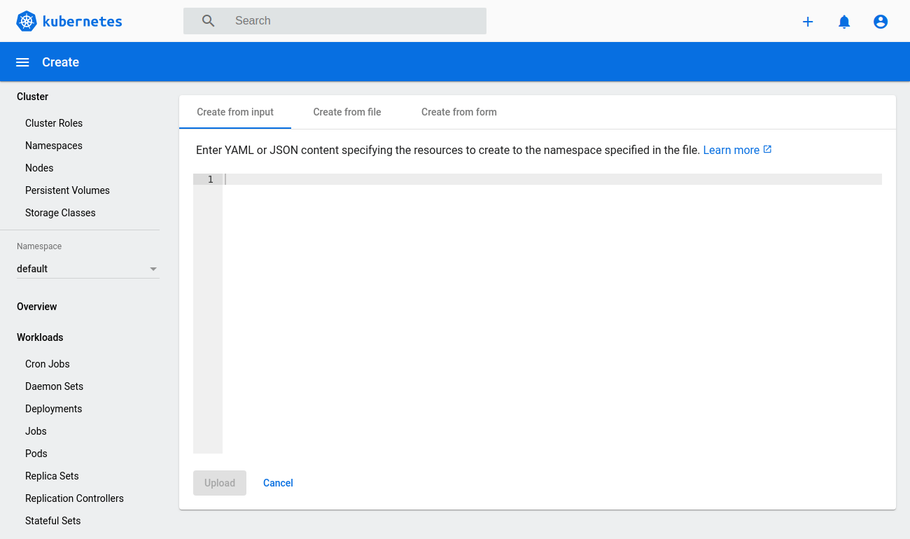 Creating new from input on Kubernetes dashboard